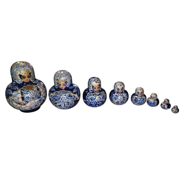 8 Nesting Dolls Russian Matryoshka Blue Gold Hand-Painted Artisan Signed - Picture 2 of 16